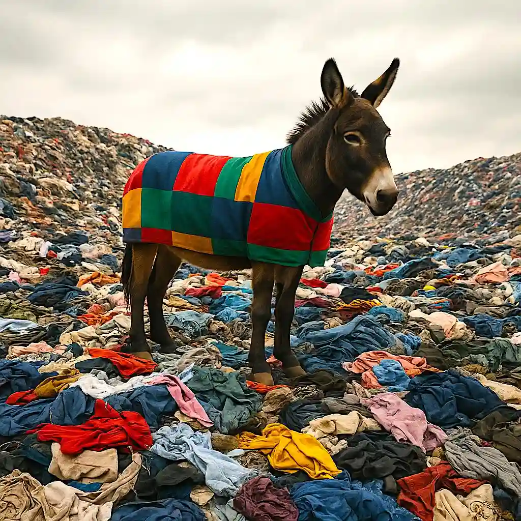 Don K standing in clothing landfill wearing colorful jacket